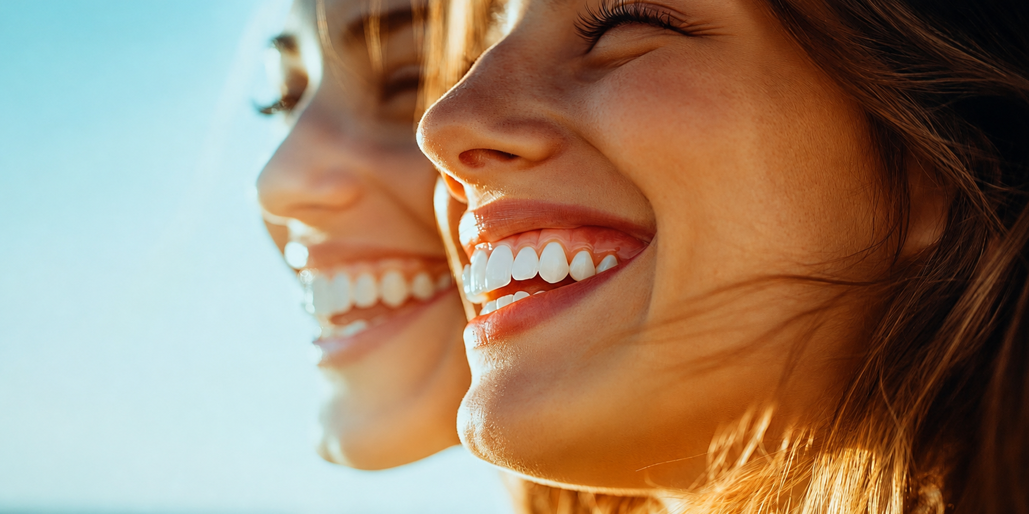 Radiant natural smile captured in warm golden sunlight with perfect white teeth, creating a joyful and authentic moment reflected in mirror, showing genuine happiness