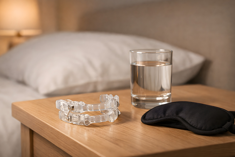 custom mouth guard next to a bed and night mask