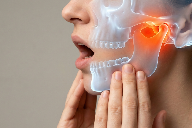 illustration of a woman checking for TMJ symptoms